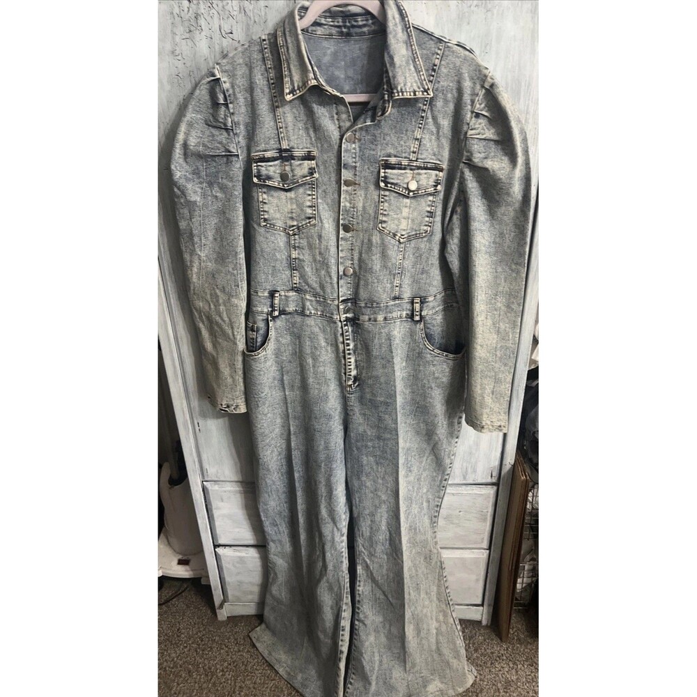 Denim Puff Sleeve Flared Leg Romper 3xl Grunge Boho Biker